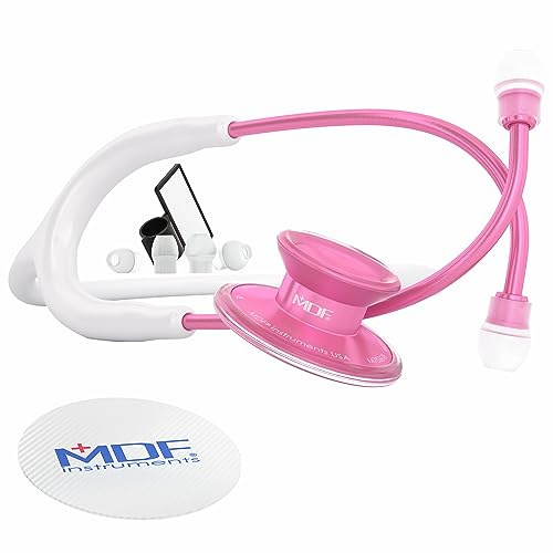 MDF Instruments, Acoustica Lightweight Stethoscope for Doctors, Nurses, Students, Home Health Use, Adult, Dual Head, White Tube, Pink Pinkore Chestpiece-Headset, MDF747XPPO29