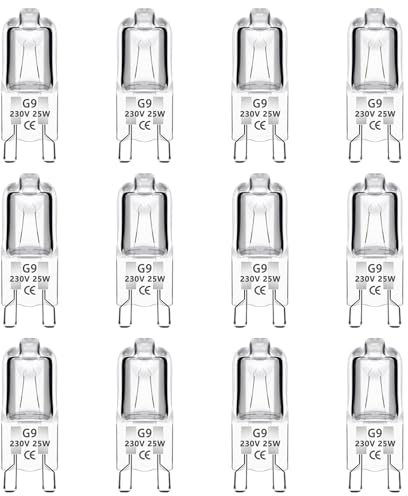 12 Pack G9 25W Halogen Bulbs 230V Dimmable, 2800K Warm White, 250LM, Oven Bulbs, Work Temperature 300℃, No Flickering, Capsule Bulb for Oven, Wax Burner, Cooker Hood