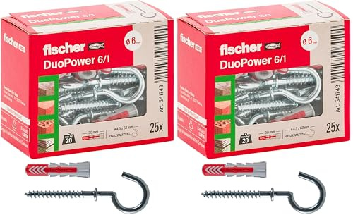 Fischer 25 Tasselli Duopower con Occhiolo Aperto, 6 x 30 mm Universali, per Muro pieno, Mattone Forato, Cartongesso, 541743 (Confezione da 2)