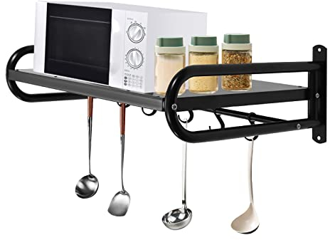 SABUIDDS Wall Mounted Microwave Bracket Carbon Steel Microwave Shelf with 6pcs Hooks Oven Rack Stand Multi Use Kitchen Shelf Holder Walll Mounted Hanging in Kitchen, Study, Bathroom, Black