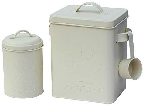 simpa 3PC Metal Dog Food Storage Set featuring Embossed Paw Print Design: Dog Food Tin, Dog Treats Tin & Serving Scoop - Matt Cream Finish