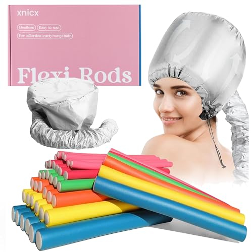 xnicx 42pcs 7 Papilotten Lockenwickler Grosse Locken Ohne Hitze,Flexibel Lockenwickler Große Locken über Nacht, mit Trockenhauben für Haare(Silbrig) für Frauen und Mädchen,Nasses,Dickes Haar