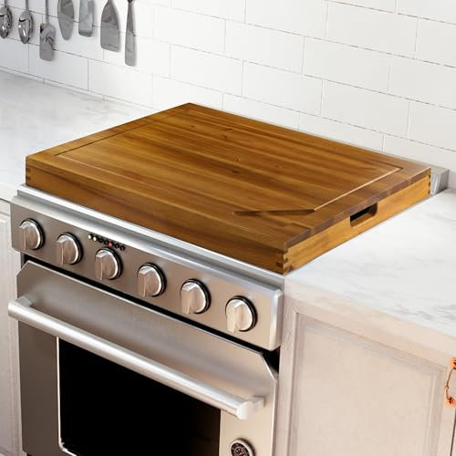 BLUEWEST Noodle Board Stove Cover with Handles, 3 in 1 Wood Stove Top Covers Board for Gas Burners and Electric Stove, Wooden RV Stovetop Cover, Tray for Kitchen Counter Space with Juice Grooves