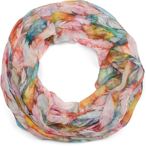 styleBREAKER Damen Loop Schal mit buntem Feder Muster, leichter sommerlicher Boho Schlauchschal mehrfarbig 01016239, Farbe:Gelb-Blau-Rot