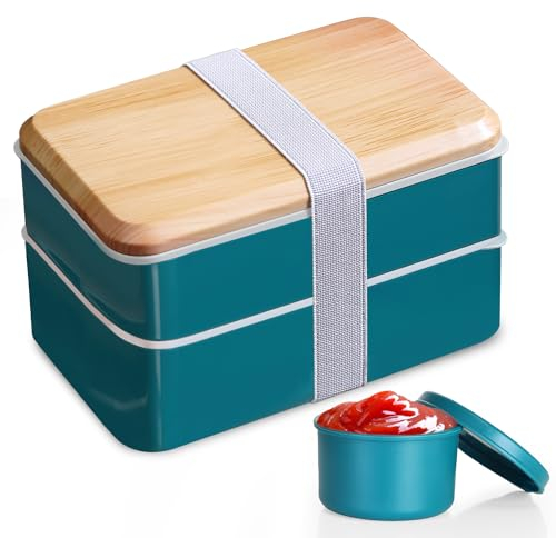 Bakpoco 1400ml Bento Box Adult Lunch Box with Layered Stackable Compartments & Utensil Set Cute Japanese Lunch Box Leak-Proof Microwave/Dishwasher Safe, 47oz (Nordic Green)