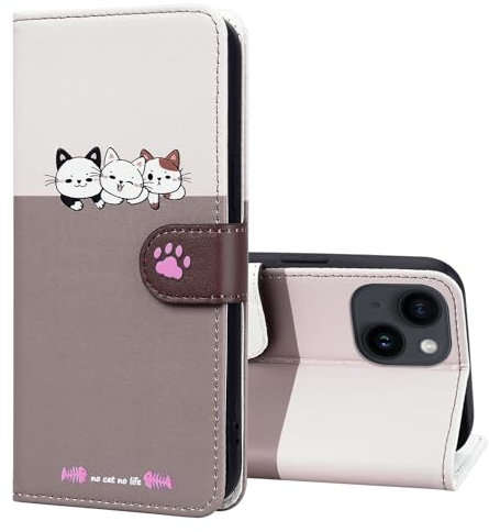FALUWONRU Handyhülle für iPhone 13 Niedliche Cartoon Cat Hülle mit DREI Kartenfächern und Geldbörse Leder Tasche Aufstehfunktion Flip Case Geeignet für Frauen Schutzhülle,Khaki&Curry