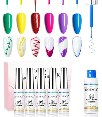 EODCI Gel Nagellack Set 6 Farben Gel Liner Nail Art Glitzer Gelnägel Farben Für Drawing Lines Holographisch Nagellack Set Dünner Pinsel Nailart Malerei 10ml