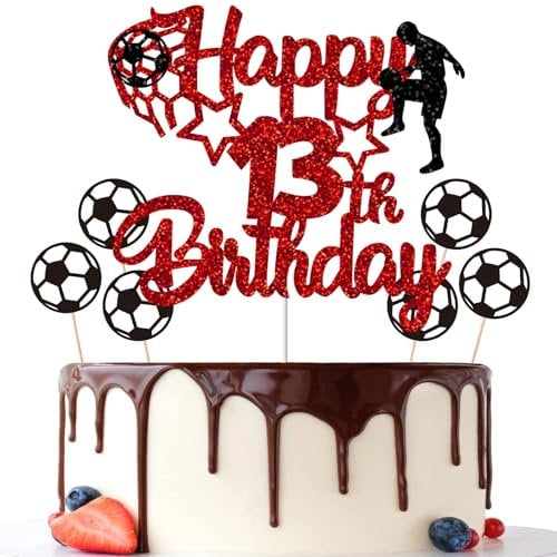 Gidobo 13th Birthday Cake Toppers, Red Glittery Cake Decorations with Football Theme, Thirteen Years Old Soccer Birthday Party Supplies for Boys