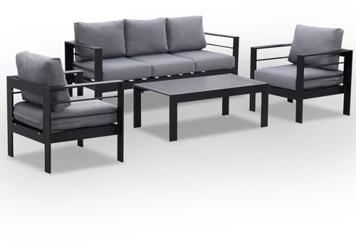 LANOX Aluminium Gartenmöbel Set Gartenlounge-Set Loungeset für 5 Personen Terrasse Balkon, wetterfest Sitzgruppe Essgruppe Gartengarnitur (4-TLG., 1×3-Sitzer Sofa, 2×Sessel, 1×Tisch, 10×Auflagen)