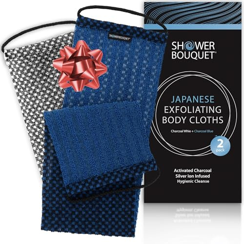 Japanisches Peeling-Waschlappen für Rücken und Körper, 2er-Pack, Kohle und Silberionen, Peeling-Handtuch mit Griffen, zweiseitiges, sanftes Peeling und Tiefenreinigung, Körperwaschtücher für die