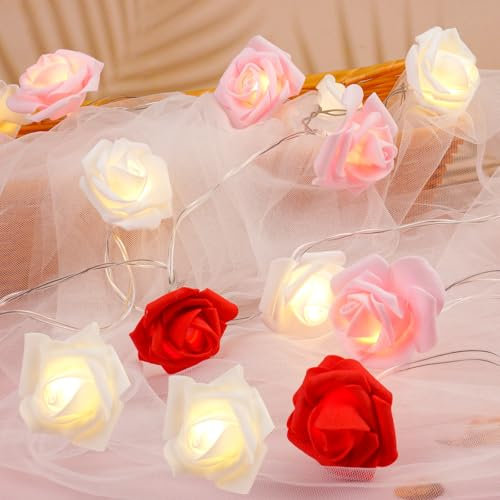 OSDUE Guirlande lumineuse à LED en forme de roses,Fleurs en mousse lumineuse LED en forme de rose,3 m Guirlande Lumineuse Fleur Piles avec 20 LED Pour Noël, mariage, décoration de la maison