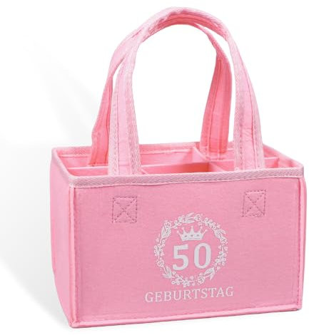 Flaschentasche - Filztasche für 6 Flaschen, Geschenke zum 50 Geburtstag Frauen Geschenk, Einkaufstasche mit Trageschlaufen und Aufdruck, Happy Birthday Für Frau, Freundin, Schwester (19x12x14 cm)