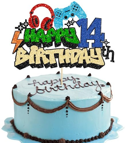 Gyufise 1Pcs Happy 14th Birthday Cake Topper Glitter Video Game Cake Pick Game On Controllers Fourteen Cheers to 14 Years Cake Decoration for Game Theme Happy 14th Birthday Party Supplies