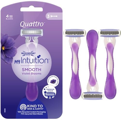 Wilkinson Sword Quattro My Intuition Smooth Violet Blooms Einwegrasierer für Damen, mit 4 feuchtigkeitsspendenden Klingen, Haarentfernungsrasierer für empfindliche Haut, 3 Stück