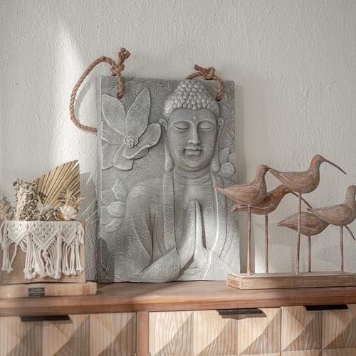 K&L Wall Art 3D Buddha Wandbild Steinoptik Wandskulptur asiatische Feng Shui Deko Wandschild Betonoptik Wandfigur Lotusblume