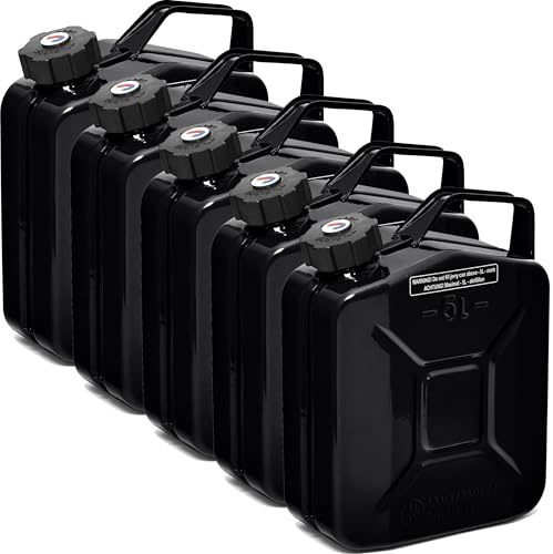 BW® Benzinkanister Metall 5x 5 Liter mit Schraubverschluss - Kraftstoffkanister Schwarz - RAL 9005 - TÜV-geprüft und UN-Zulassung - 0,8mm Stahl nach DIN 7274 - Made in Europe