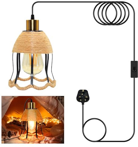 Plug in Pendant Light Fitting Kit, 5M Light Cable with Switch and Plug, Gold E27 Lamp Holder with Cage Shaped Metal Lampshade, Plug in Ceiling Light, Industrial Hanging Light for Indoor, No Bulb