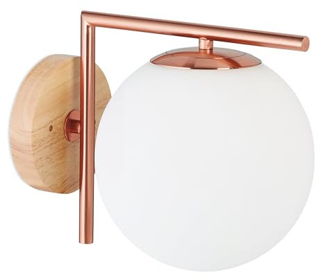 Relaxdays Wandleuchte, E27-Fassung, Glas, Metall und Holz, Wandlampe, Kugel, H x B x T: 22 x 19,5 x 28 cm, kupferfarben
