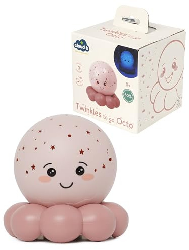 Cloud B Twinkles To Go Octo Rose Pastel | Projecteur de Nuit Portable Étoiles & Poissons pour Enfants | 3 Couleurs Apaisantes (Ambre, Bleu, Vert) avec Rotation Automatique | Minuterie de 45 Minutes