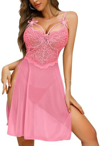 Tuopuda Lingerie Sexy Femme Coquine Hot Tenue Nuisette Sensuelle Dentelle Pute Chemises de Nuit Col V Mini Robe de Nuit sous Vetements Feminins Babydoll avec G-String, Rose-2, L