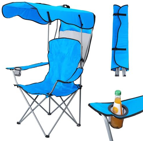 reukmuuc Silla plegable con toldo, silla de camping portátil con bolsillo lateral y portavasos, protección solar con tela Oxford, marco de acero, fácil de llevar, para eventos al aire libre, pesca y