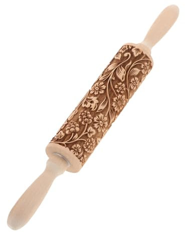 SMASOLO Mattarello Goffrato in Legno Di Faggio Inciso Con Motivi Fiocco Fiore Per Stendere Pasta Frolla e Fondente