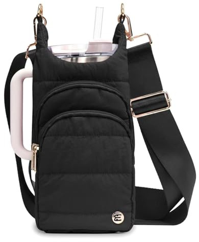 Water Bottle Holder with Strap 30/32 oz, Crossbody Water Bottle Carrier Bag | Lightweight Quilted Bottle Sling Bag, RFID Phone Pocket, Hands-free for Gym Hiking Walking Travel
