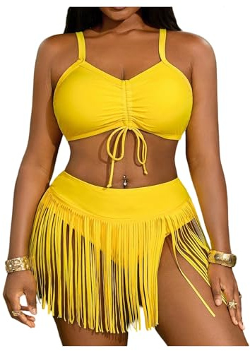 MakeMeChic Women's Plus Size Bikini Set Ruched Fringe 2 Piece Swimsuit