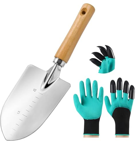 Gartenschaufel Klein 28 cm, Gartenhandschuhe mit Krallen, Edelstahl Blumenkelle, Handschaufel Garten mit Skala, Schaufel Garten mit Holzgriff für Graben, Pflanzen, Umpflanzen, Robust und Langlebig