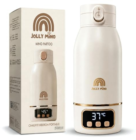 JOLLY MINO Chauffe biberon Nomade Portable Sans Fil 500 ml, Inox, Chauffe Lait Maternel & Eau, Auto-Pasteurisation, Voyage Voiture Nuit, Brosse Silicone Incluse