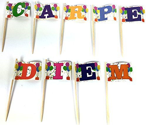 Buddel-Bini Party-Picker Carpe Diem Genieße den Tag Set 2 Buchstaben Papierfähnchen in Profiqualität 45 Stück Beutel Zahnstocher Deko Partypicker