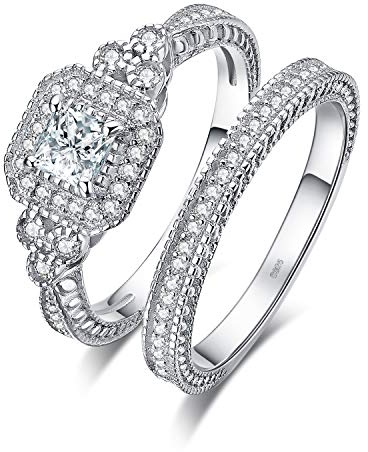 JewelryPalace Prinzessschliff Zirkonia Halo Promise Verlobung Ring Silber 925 Damen, Halb Eternity Jubiläum Hochzeitsring Vorsteckring Trauring Ehering Braut Set Ringe Silber Ring mit Stein Frauen 54