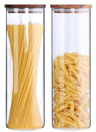 KKC Spaghettiglas mit Deckel - Spaghetti Aufbewahrung Glas Luftdicht - Spaghettiglas Hoch mit Holzdeckel - Spaghetti Dosen 30cm für 500g - 1kg Italien Lange Nudeln 2er Set 1850ml BPA-frei