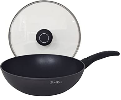 PINTINOX Wok con Coperchio, Linea Energy, diam.28cm in Alluminio Forgiato, Adatto all'Induzione, Interno Antiaderente, Manico Soft Touch