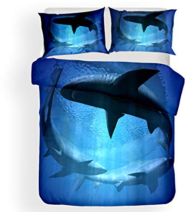 FANSU Bettwäsche-Set Bettbezug Kissenbezug, Mikrofaser Bedding Set Weich Haltbar Atmungsaktive - 3D großer Hai-Druck (135x200cm(2pcs),DREI Haie)