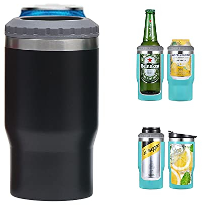 Gteller Aislante 4 en 1 de acero inoxidable para latas/botellas, tapas bidireccionales de 14 onzas, enfriador de latas aislado SUS, soporte para botella de cerveza (negro)