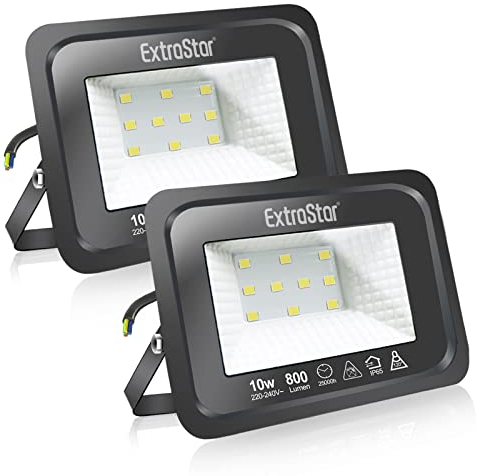 EXTRASTAR Spots LED d'extérieur Puissants Projecteur LED d'extérieur IP65, Jardin, Patio, Parc, Garage, 2 Pièces (3000K, 10W)