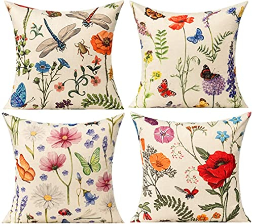 All Smiles Kissenbezüge für den Außenbereich, 55 x 56 cm, 4 Stück, Sommer, Frühling, Garten, Blumen, Bauernhaus, Dekoration, Außenmöbel, Bank, Stuhl, dekorative Kissenbezüge für Bett, Couch, Sofa