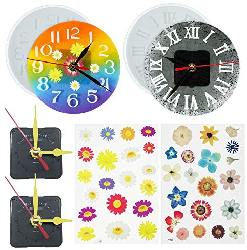 N\A NA Woohome 2 PCS Large Clock Silicone Resin Mould and Clock Hands for Resin Casting, Numerals Arabic Numerals Clock Silicone Mould with Dried Flowers for DIY Clock, Epoxy Resin DIY
