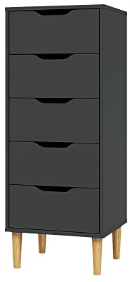 Panana Chest of Drawers, Wood 5 Drawers Cabinet Narrow Storage Organiser Unit with Wooden Legs for Living Room Bedroom Hallway (Dark Grey)
