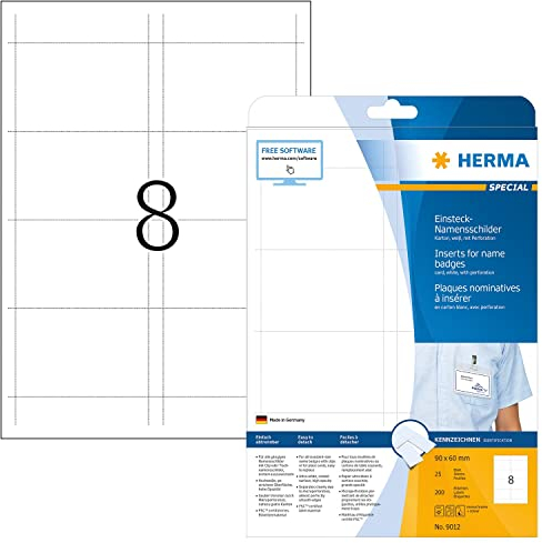 HERMA 9012 Namensschilder für Kleidung perforiert, 800 Blatt, 90 x 60 mm, 8 pro A4 Bogen, 6400 Stück, bedruckbar, nicht klebende Karton Einsteckkarten mit Perforation, weiß
