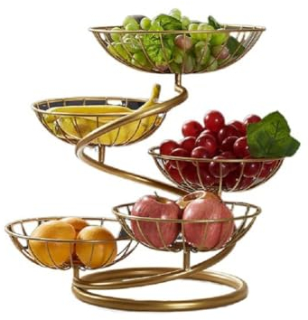 JUNYFFF Corbeille A Fruits 5 Etages,Grande Porte Fruits En Acier Porte À Pain Panier À Fruit En Métal, Fruit Basket 5 Tier De Comptoir, Décoratif Corbeille À Fruit Bol De Fruits Fruits Etagere,D'or