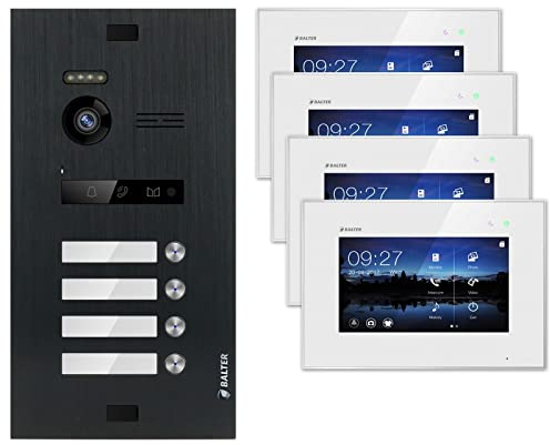 Nonic Balter EVO Black Video Türsprechanlage 4 Familienhaus (1x Türstation mit Kamera, 4X Touchscreen 7 Zoll LCD-Monitor, 2-Draht Bus, 150° Weitwinkel-Kamera, Türöffner- und Interkom-Funktion)