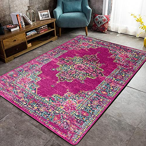 Rururug Teppich Rechteckig Weich Kurzflor Flurläufer rutschfest Waschbar Teppiche Korridor Bett Sofa Kinderzimmer, Fuchsia Vintage Blumen Rectangular 90 x 150 cm