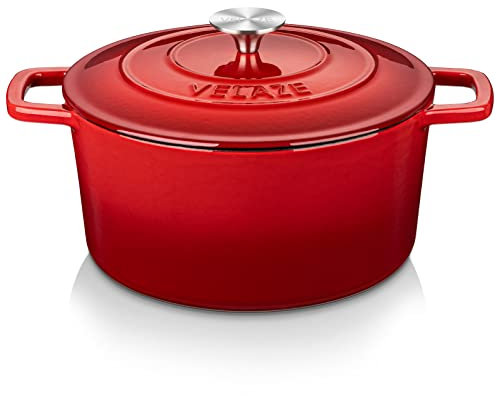 Velaze 6 QT Enameled Cast Iron Dutch Oven, Dual Handles Dutch Oven Pot with Lid,Heavy-Duty Non-stick Round Dutch Oven for Bread Baking, Stewing, Roasting, Good Sealing for All Heat Source (Red)