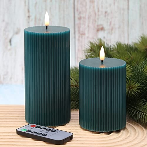 Eywamage Teal Blue Ribbed Flameless Pillar Candles with Remote, Flat Top Flickering Real Wax LED Battery Candles Set of 2