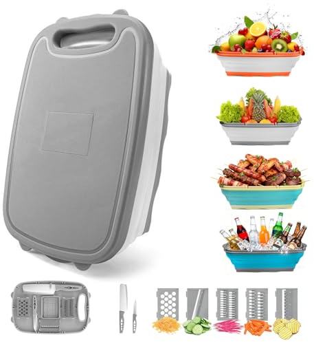 Gintan Tagliere pieghevole da campeggio, 3 in 1, multifunzione, con coltello, tagliere con colino, può essere utilizzato per lavare e conservare frutta e verdura (gris)