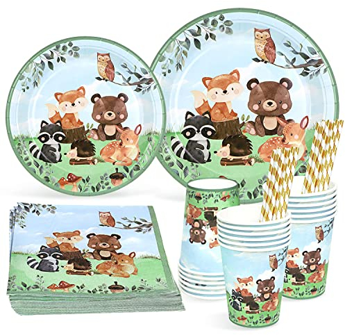Waldtiere Geburtstag Deko Partygeschirr Set für 25 Gäste, Einweggeschirr Set 125 Stück Pappteller Pappbecher Servietten Strohhalme für Babyparty Kindergeburtstag Deko Junge Mädchen