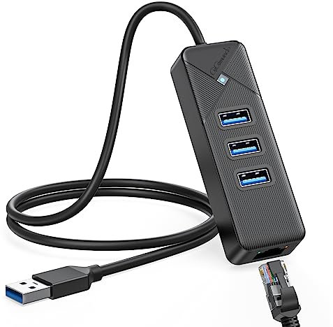 GiGimundo USB Hub with Ethernet, USB to Ethernet Adapter with 3-Port USB 3.0 Hub - 0.5 Meter Cable, RJ45 Gigabit LAN, Compatible with Windows/Mac/Linux - Black