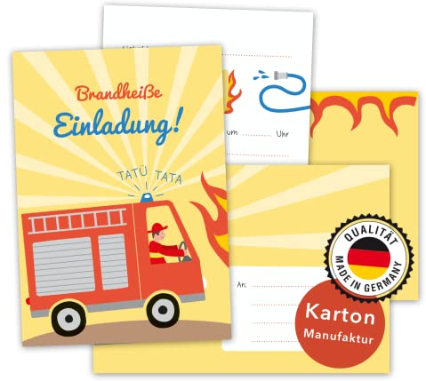 Decento® Einladung Geburtstag Feuerwehr - 8 Karten mit Umschlag für Jungen - Kindergeburtstag - Einladungskarten für Kinder zum Ausfüllen und Beschriften